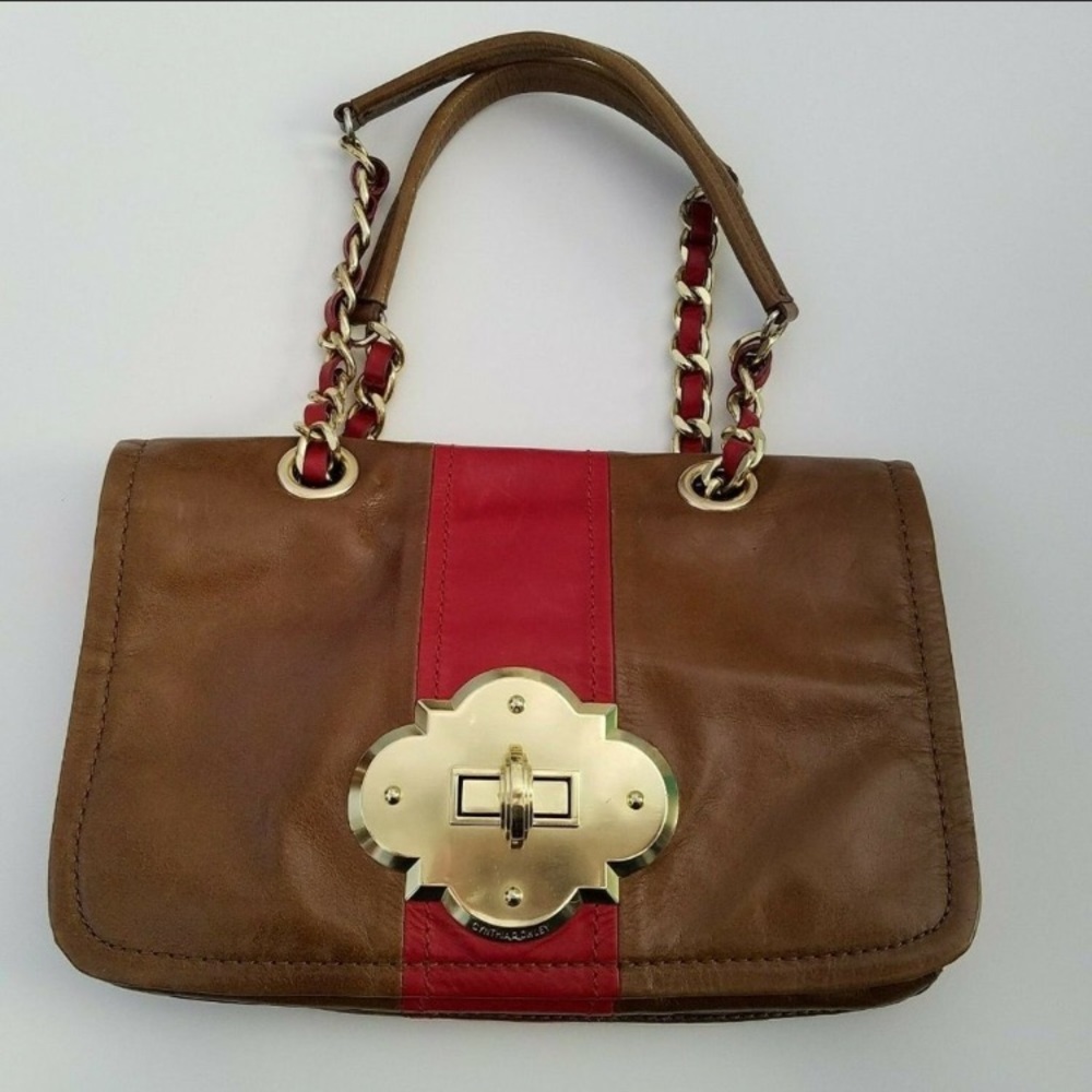 Cynthia Rowley Brown Leather Shoulder Bag with Red Stripe and Gold Hardware